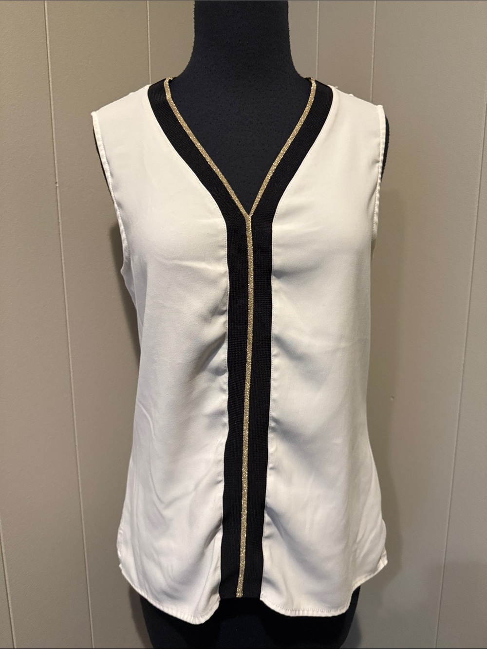 Morgan de Toi Women’s Medium White Camisole with Black Center Stripe Gold Trim
